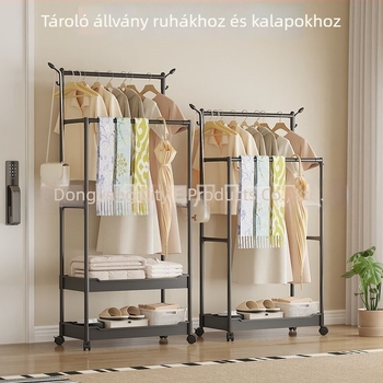 Padlón álló ruhafogas dupla oszlopokkal, kampókkal és kerekekkel, forgó ruhaszárító