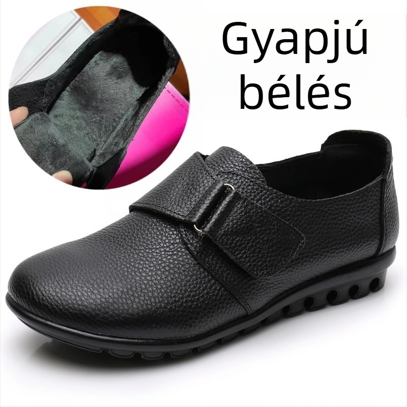 Valódi bőrből készült női cipő nagy méretben, tavasz- és őszi szezonra, kényelmes lapos talpú, csúszásmentes talppal és meleg pamut bélés a téli hideghez