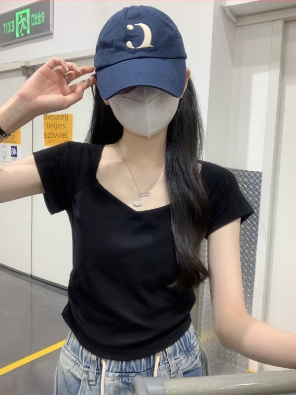 Női karcsúsított rövid ujjú felső, 2025-ös új modell, elegáns és karcsú, nyári casual cropped top