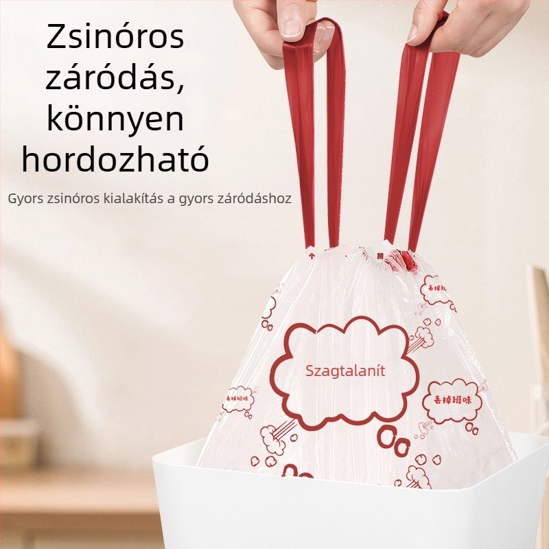 Különösen vastag húzópántos szemeteszsák, új anyagból, szakadásálló, háztartási használatra, konyha és nappali számára, többfunkciós