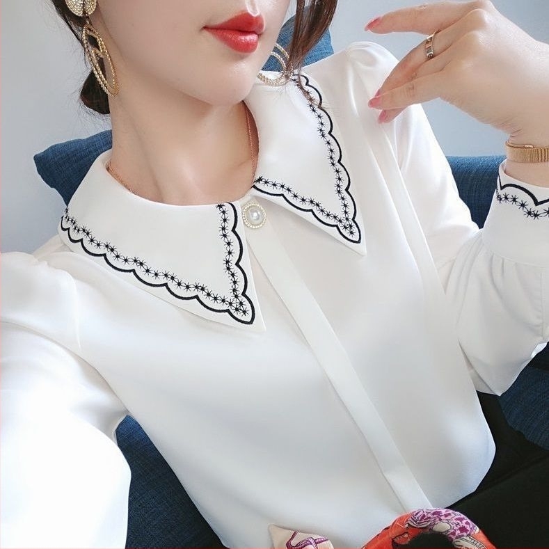 Női sifon felső hosszú ujjú, 2025 tavasz/ősz, hímzett gallér, elegáns és sokoldalú.