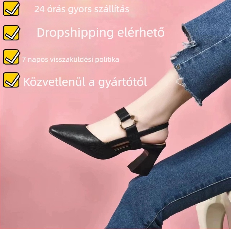 Női szandál hegyes orrú, elülső rész zárt, hátsó rész nyitott, egy pánttal, vastag sarokkal, nyár 2025