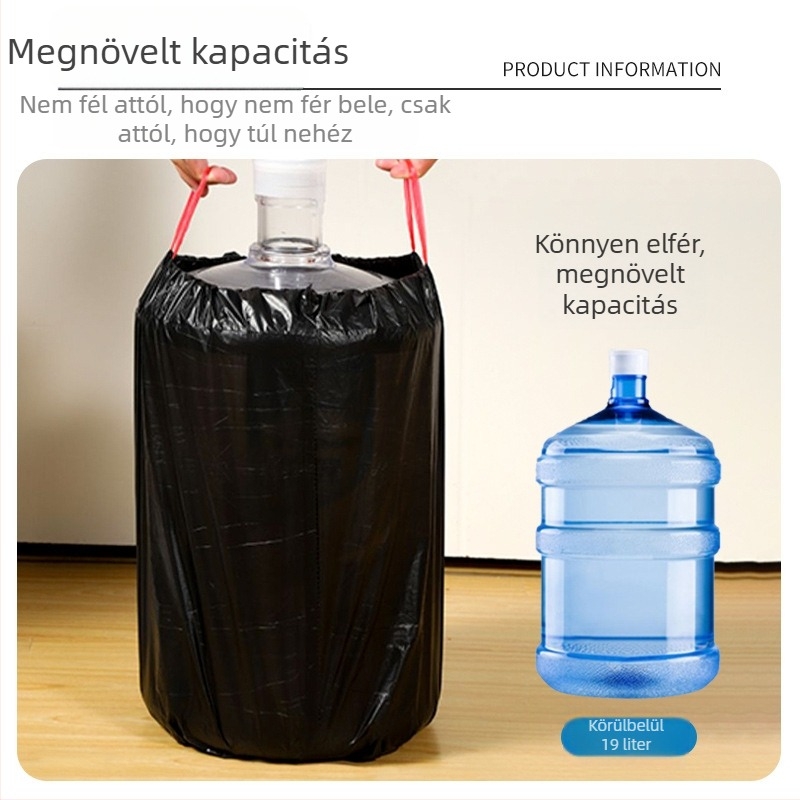 Nagy méretű háztartási szemeteszsák húzózsinórral, vastag és tartós, fekete