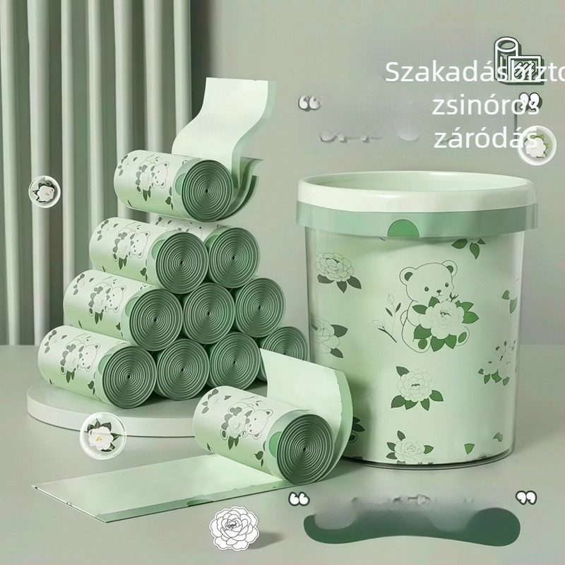 Sűrített szemeteszsák húzózsinóros záróval, otthoni használatra, konyhába és diákszállóra egyaránt, kamélia minta