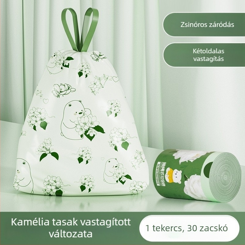 Sűrített szemeteszsák húzózsinóros záróval, otthoni használatra, konyhába és diákszállóra egyaránt, kamélia minta