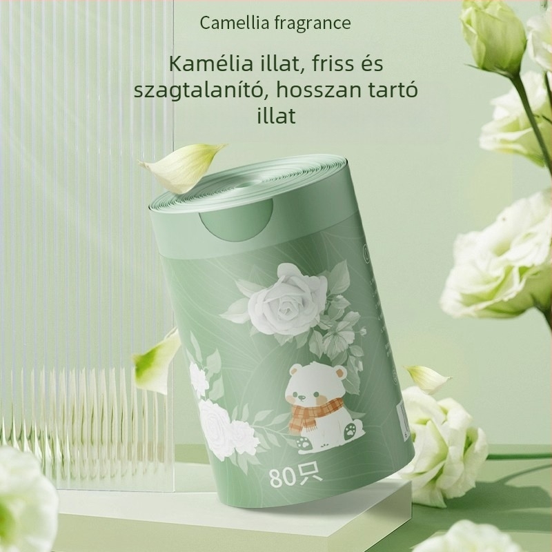 Sűrített szemeteszsák húzózsinóros záróval, otthoni használatra, konyhába és diákszállóra egyaránt, kamélia minta