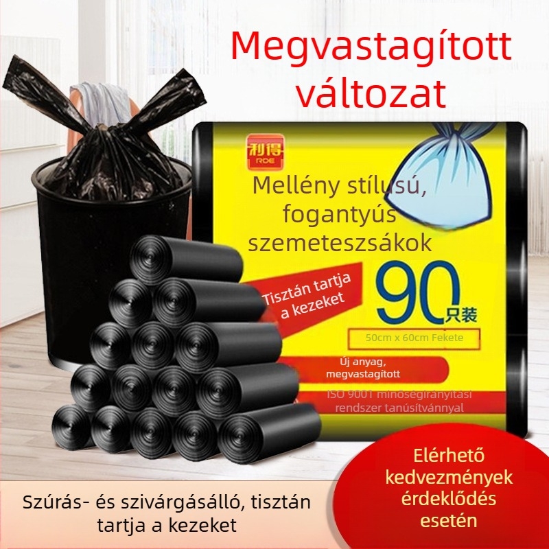Y-alakú szemeteszsákok fogantyúval, vastagított, fekete, háztartási használatra, extrán vastag konyhai műanyag zacskók