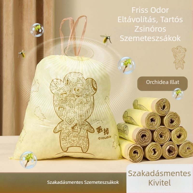 HDPE szemeteszsák kötős kialakítású, nyomtatott mintával, otthoni használatra, nagy méret, erősített