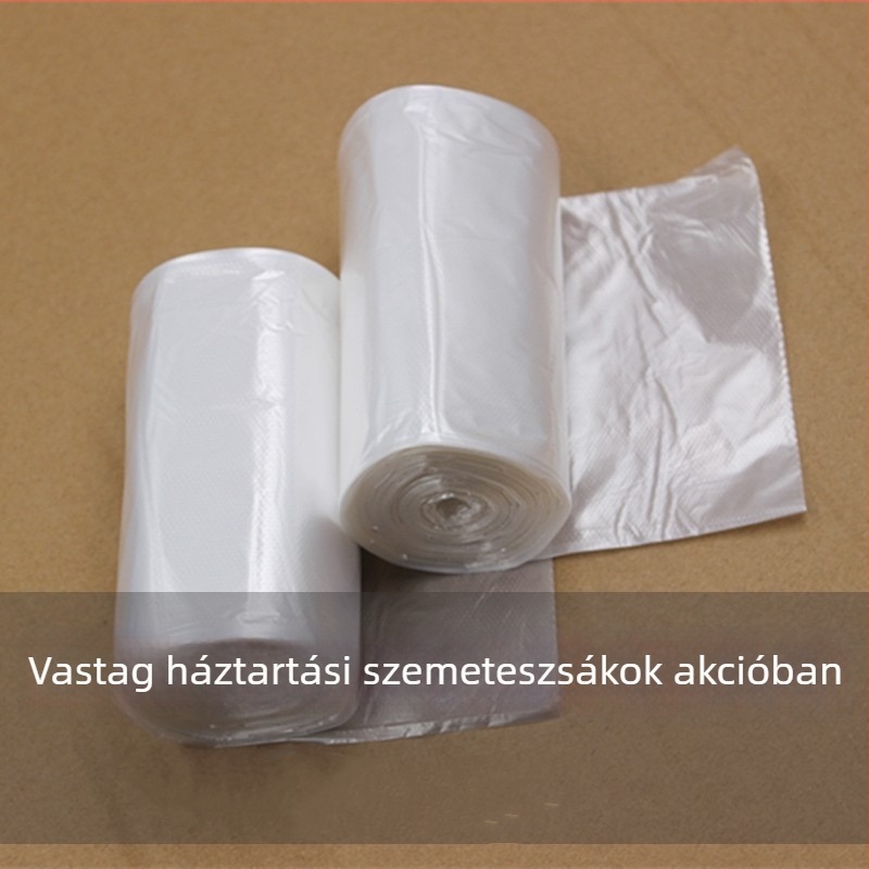 Fehér, átlátszó szemeteszsákok szállodai szobák és otthoni használatra, egyszer használatos, PE anyag, vastagított, tekercses kivitel, 100 darab egy dobozban