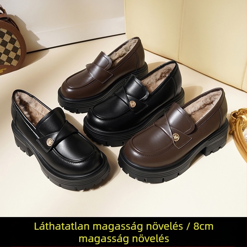 Női barna loaferok puha talppal és arany érme díszítéssel, brit stílusú, vastag talpú, slip-on, tavaszra és őszre