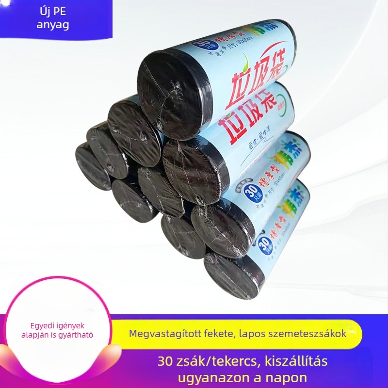 Fekete vastagított egyszer használatos háztartási konyhai szemeteszsák, sík szájú, nagy méret, tekercsben