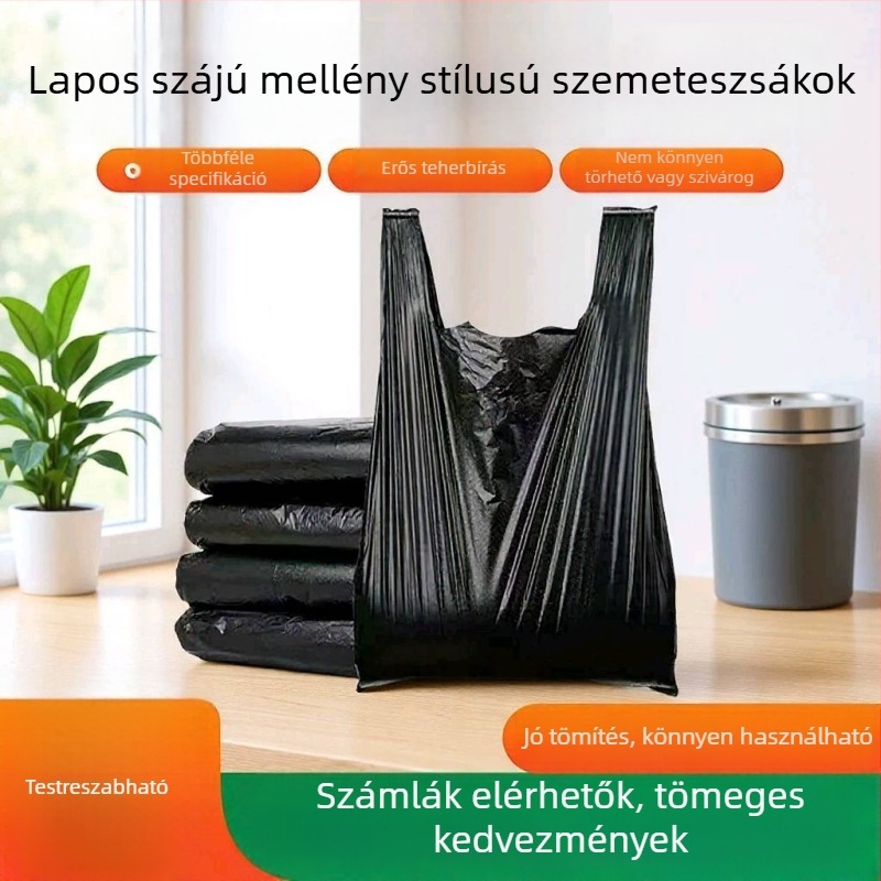 Fekete, megerősített, nagy méretű szemeteszsákok kereskedelmi és háztartási használatra, konyhai lapos nyílású zacskók