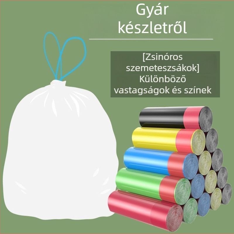 Öt tekercs vastagított szemeteszsák húzózsinórral, háztartási használatra, automatikus zárás, színes