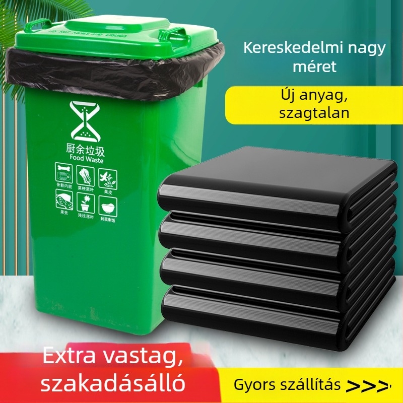 Fekete, nagy méretű, vastagított egyszer használatos szemeteszsák kereskedelmi felhasználásra, új anyagból