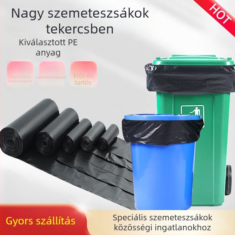 Nagy fekete vastagított szemetes zacskók – tekercses, kereskedelmi használatra, konyha és hotel, extra nagy kapacitás