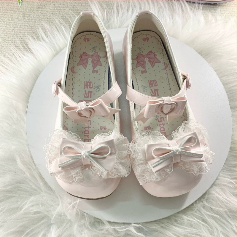 Little Dream Bell Női Lolita cipő, alacsony sarkú, kerek orr, bőr balerina virágos mintával