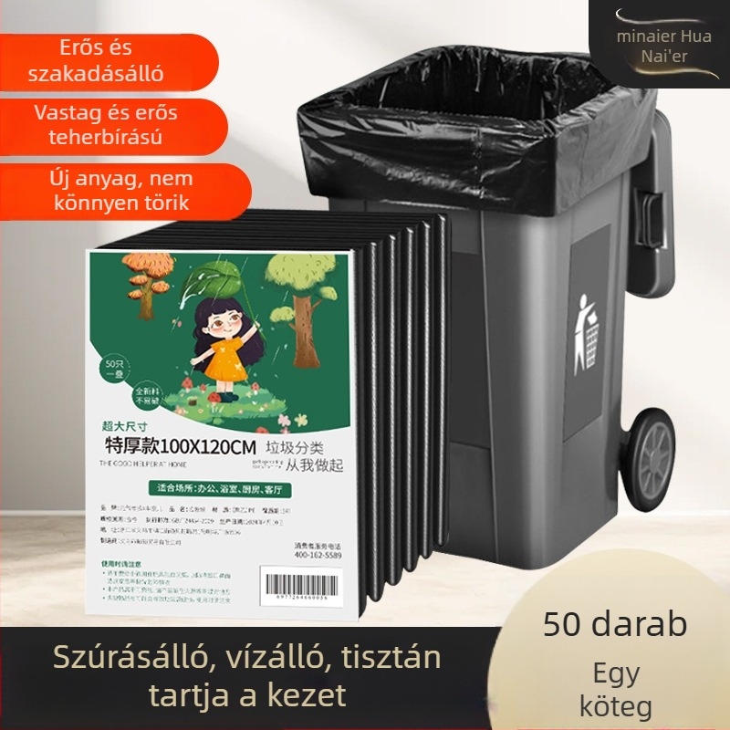 Nagy fekete vastagított szemeteszsák sík szájjal, szállodai higiénéhez, kereskedelmi használatra
