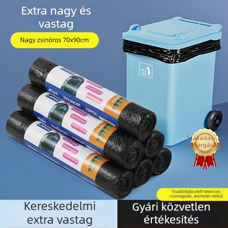 Extra nagy, vastag fekete húzókötős szemeteszsák, 70×90 cm, kereskedelmi használatra