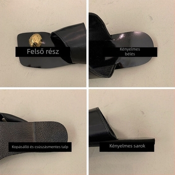 Női négyszögletes orrú szandál, fém csattal a lábujjon, lapos nyári római szandál