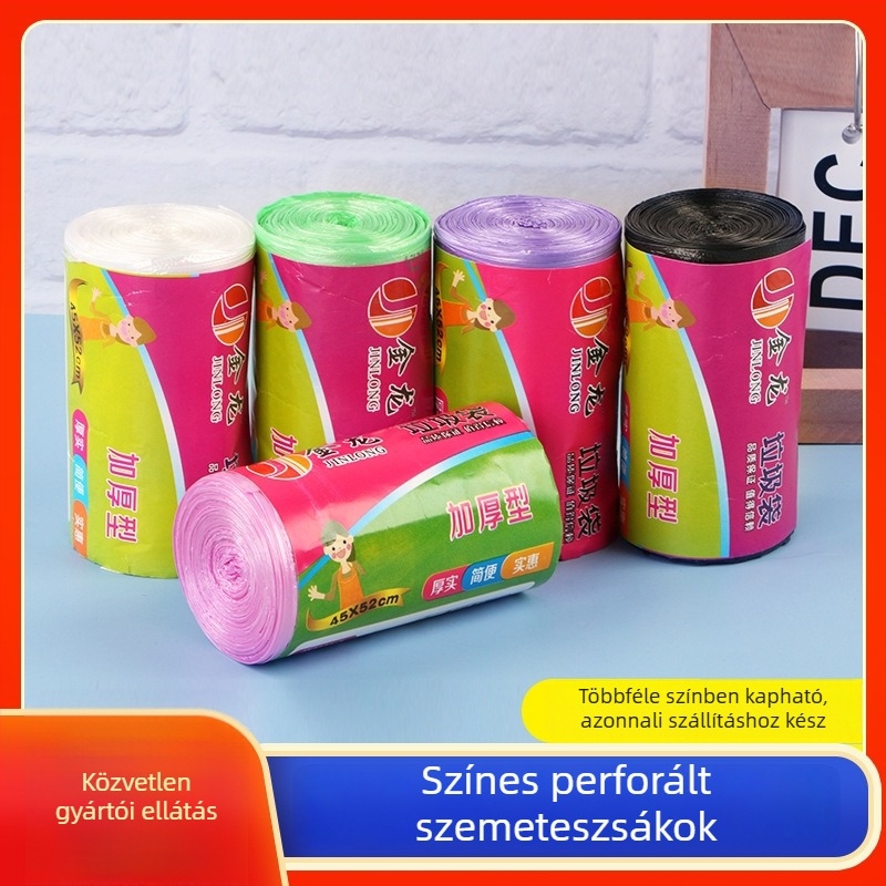 Vastagított színes egyszer használatos hulladékzsákok görgőben, sík nyílással