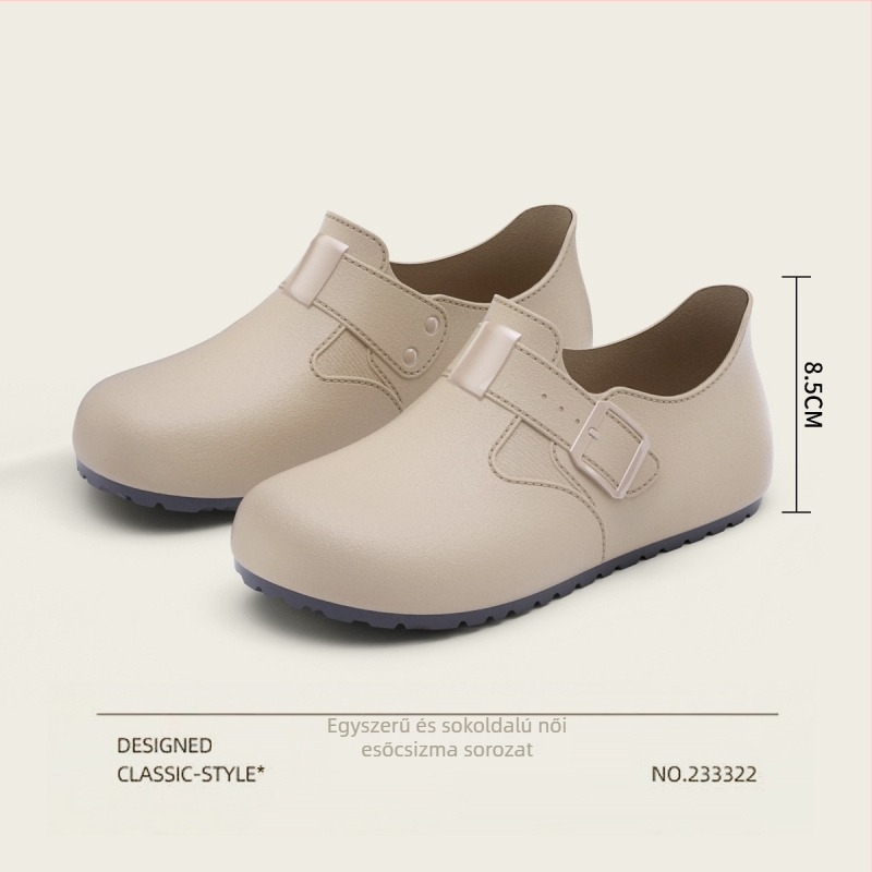 Női esőcsizmák Birkenstock-stílusban, slip-on, kerek orr, retro kényelmes esőcipők