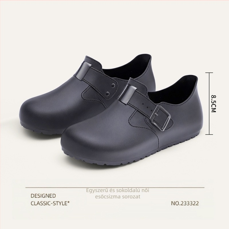 Női esőcsizmák Birkenstock-stílusban, slip-on, kerek orr, retro kényelmes esőcipők
