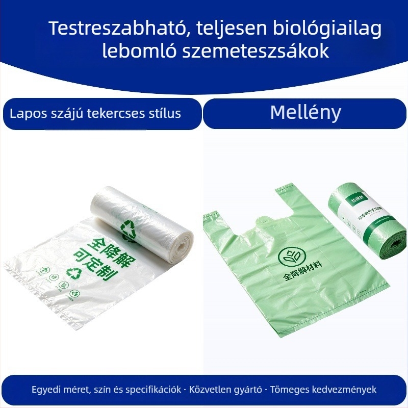 Biodegradábilis szemeteszsákok otthonra, konyhához, lapos nyílású, vastagított