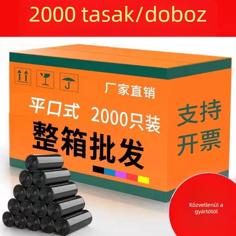 Teljes doboz fekete, vastagított váll-stílusú szemeteszsákok, lapos nyílású, háztartási és irodai használatra, nagy méret, 100 db