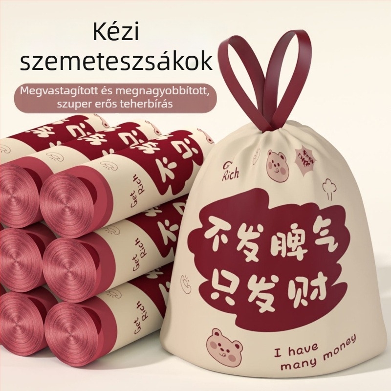 Húzózsinóros, vastagított szemeteszsákok, nagy méretű, piros, háztartási/konyhai használatra, egyszer használatos, 80 darab a dobozban