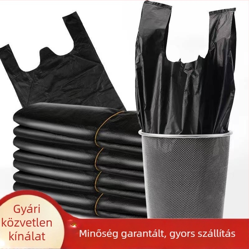 Fekete PE szemeteszsák, 32-40 L, kézi hordozó, vastagított, konyha és iroda számára, mellény-stílusú
