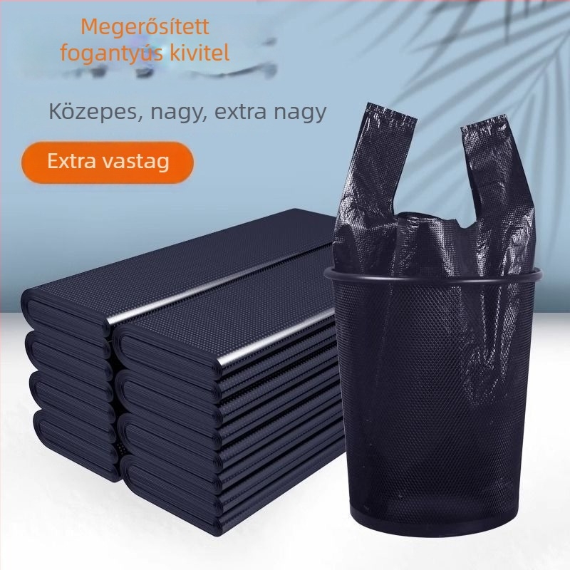 Fekete PE szemeteszsák, 32-40 L, kézi hordozó, vastagított, konyha és iroda számára, mellény-stílusú