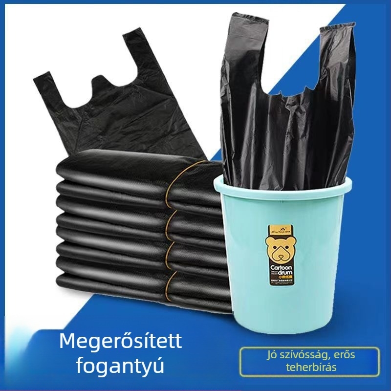 Fekete PE szemeteszsák, 32-40 L, kézi hordozó, vastagított, konyha és iroda számára, mellény-stílusú