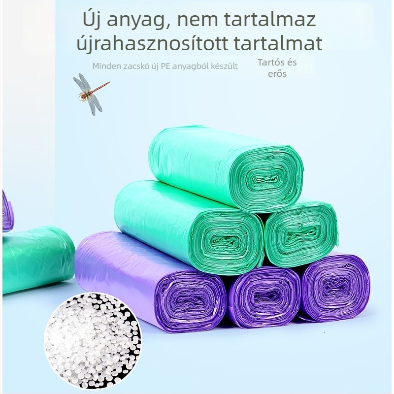 Háztartási színes szemeteszsákok, közepes és nagy méretben, vastagított, sík szájú, konyhai használatra, egyszer használatos műanyag zacskók