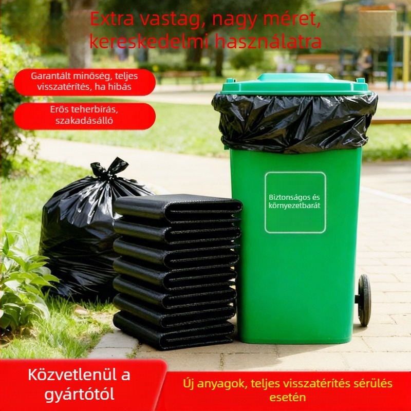 Nagy méretű fekete vastag műanyag szemeteszsák sík szájú kivitelben, kültéri kukákhoz, sanitáris és kereskedelmi használatra