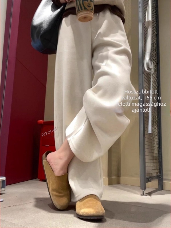 Beige gyapjú-nadrág nőknek, őszi-téli, fleece-béléssel, plusz méret, magas derekú, laza szabás, széles szárú, Capri hossz