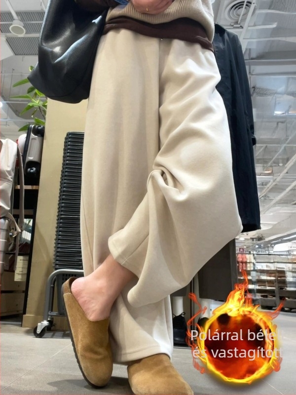Beige gyapjú-nadrág nőknek, őszi-téli, fleece-béléssel, plusz méret, magas derekú, laza szabás, széles szárú, Capri hossz