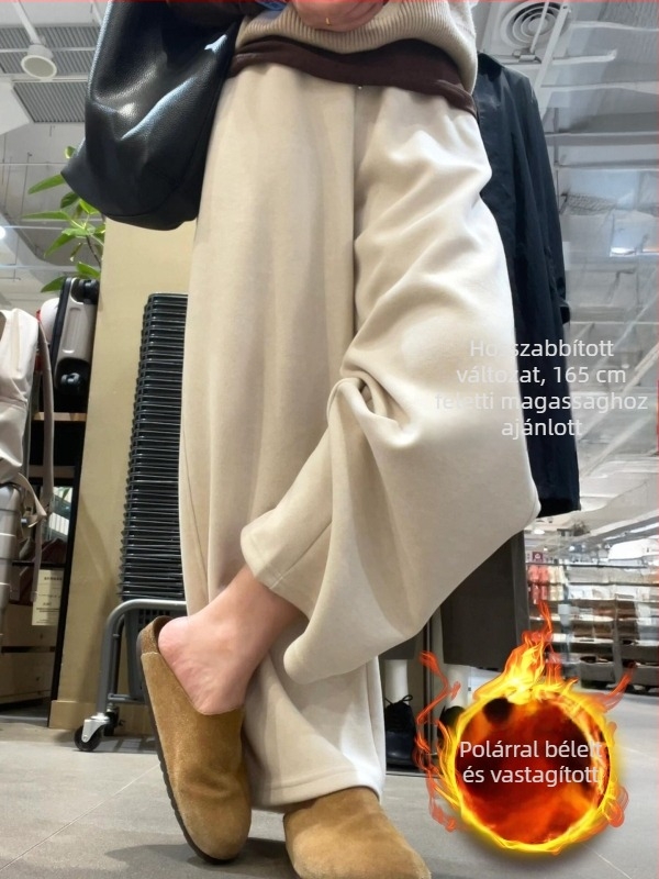 Beige gyapjú-nadrág nőknek, őszi-téli, fleece-béléssel, plusz méret, magas derekú, laza szabás, széles szárú, Capri hossz