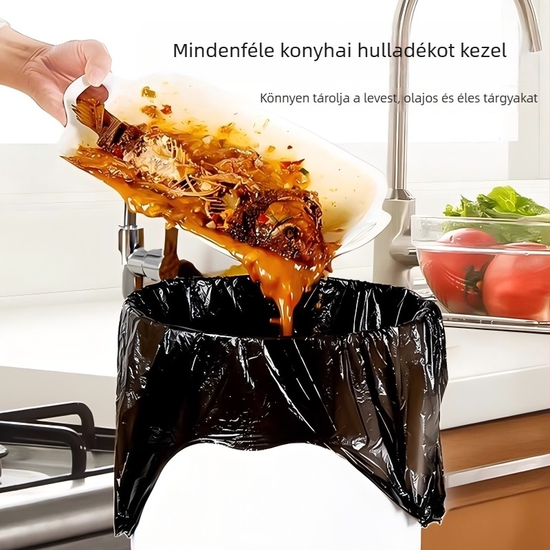 Fekete műanyag zacskók kereskedelmi használatra, megerősített, folyadékállóak, közepes és nagy méretűek, húzózsinóros záródás