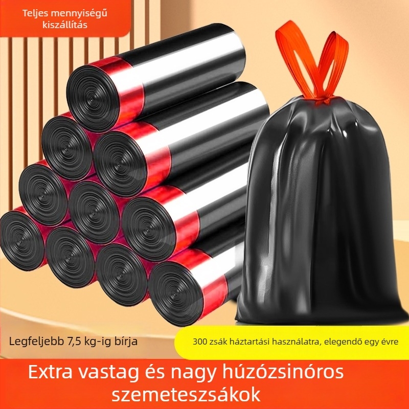 Fűzőzáras szemeteszsákok, fekete, vastagított, otthoni használatra, fürdőszoba, konyha és iroda, nagy méret