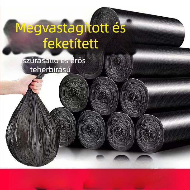 Fekete vastag egyszer használatos szemeteszsák, síknyílású, 50×60 cm, váll-mellény-stílusú fogantyúval