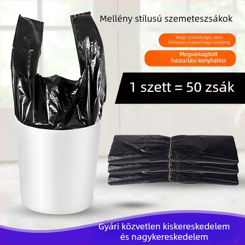 50 darab egyszer használatos fekete szemeteszsák, vastagított, mellény-stílusú, kézben hordozható, háztartási használatra