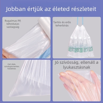 Húzózsinóros szemeteszsák, háztartási, hordozható a konyhába, vastagított, nagy méretű, egyetemi kollégiumok számára, automatikus zárás.