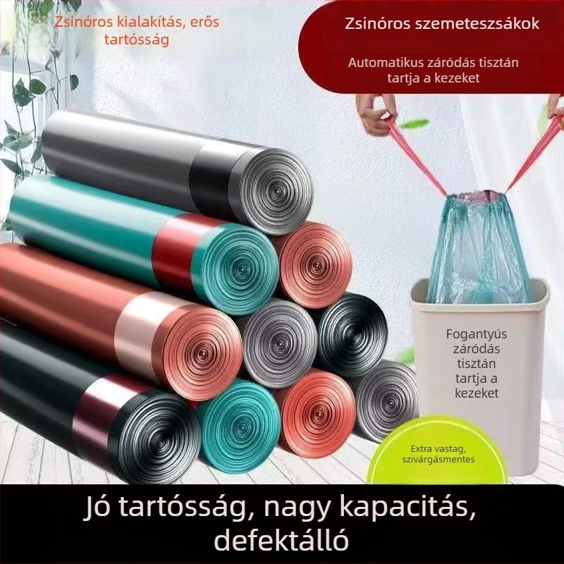 Húzós konyhai szemeteszsákok, vastagított anyagú, hordozható, egyszer használatos, automatikus záródás