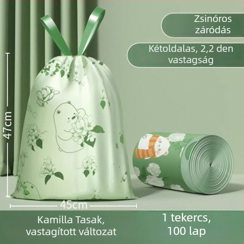 Camellia extrán vastag háztartási szemeteszsákok húzózsinórral, szakadásálló HDPE, nappali és konyhai kukákhoz