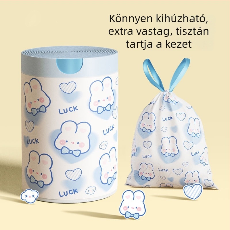 Konyhai szemeteszsákok kötős zsinórral, vastagított kivitelben, aranyos nyuszis mintával és kék szívvel, otthoni használatra, hordozó fogantyúval