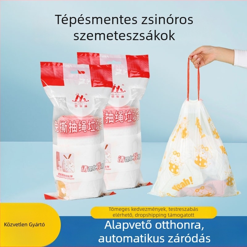 Szemeteszsák húzózsinórral, nyomtatott mintával, vastagodott, háztartási, konyhai szemeteszsák