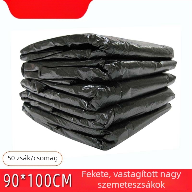 Vastagított PE szemetes zacskók, nagy méret, 90×100 cm, 50 db, lapos szájú, egyszer használatos, kereskedelmi célokra