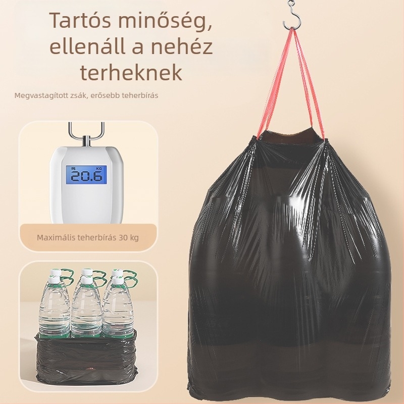 Háztartási vastagított, nagy fekete szemeteszsák húzózsinóros – konyhai kuka