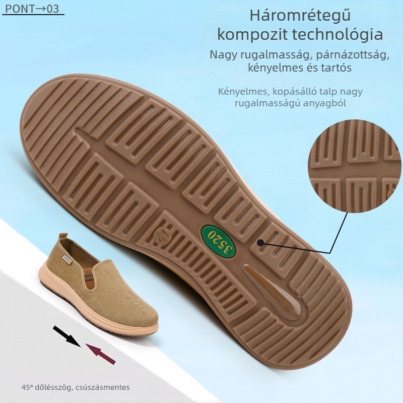 3520 Férfi vászoncipő vastag talppal, slip-on, Old Beijing stílus, tavasz–ősz, puha talp, csúszásmentes