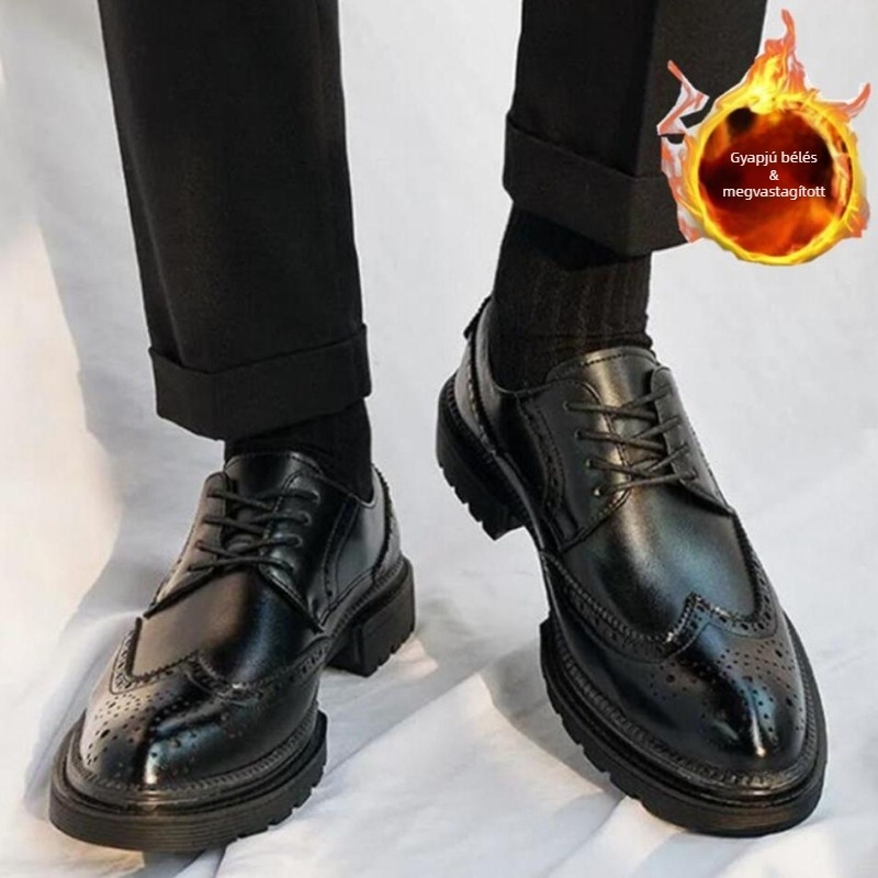 Férfi bőr brogues cipő, fekete, üzleti formális, brit stílusú, magasságot növelő, vőlegény cipő